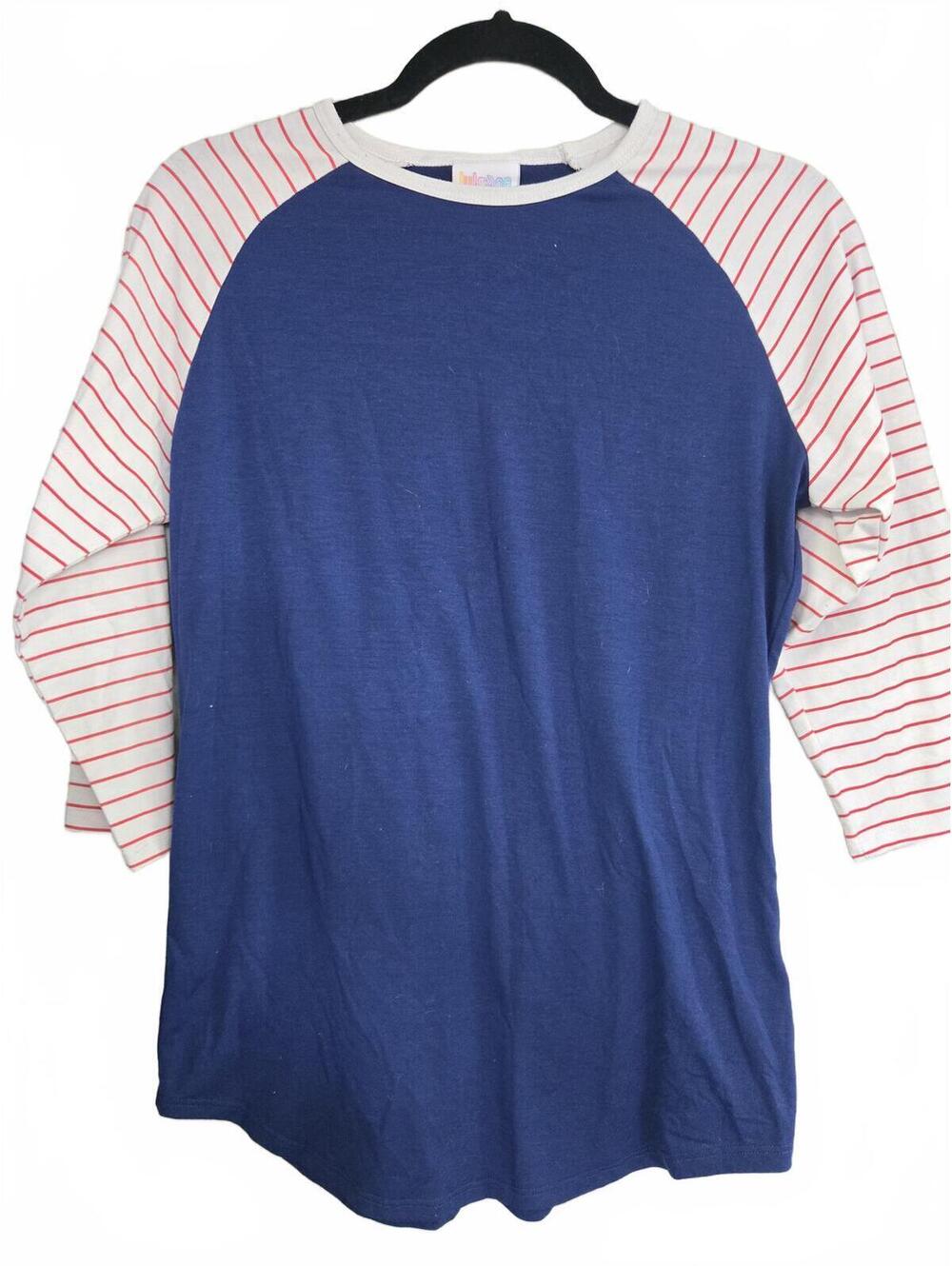 LuLaRoe Blue Raglan Baseball Tee White Red Striped Sleeves Size XS
